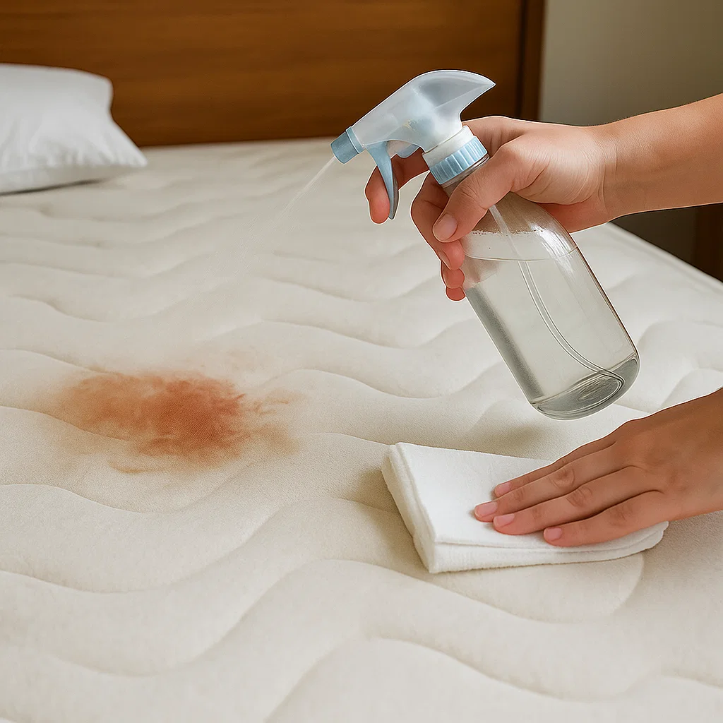 Spraying solution on stained mattress with cloth nearby