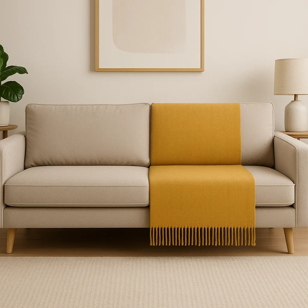 Yellow throw blanket draped on light sofa
