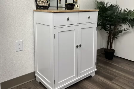 White storage cabinet with two drawers and doors.