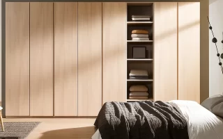 Wooden wardrobe with open shelves and modern design