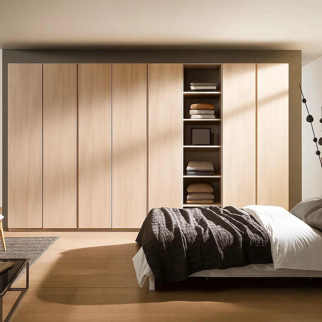 Wooden wardrobe with open shelves and modern design