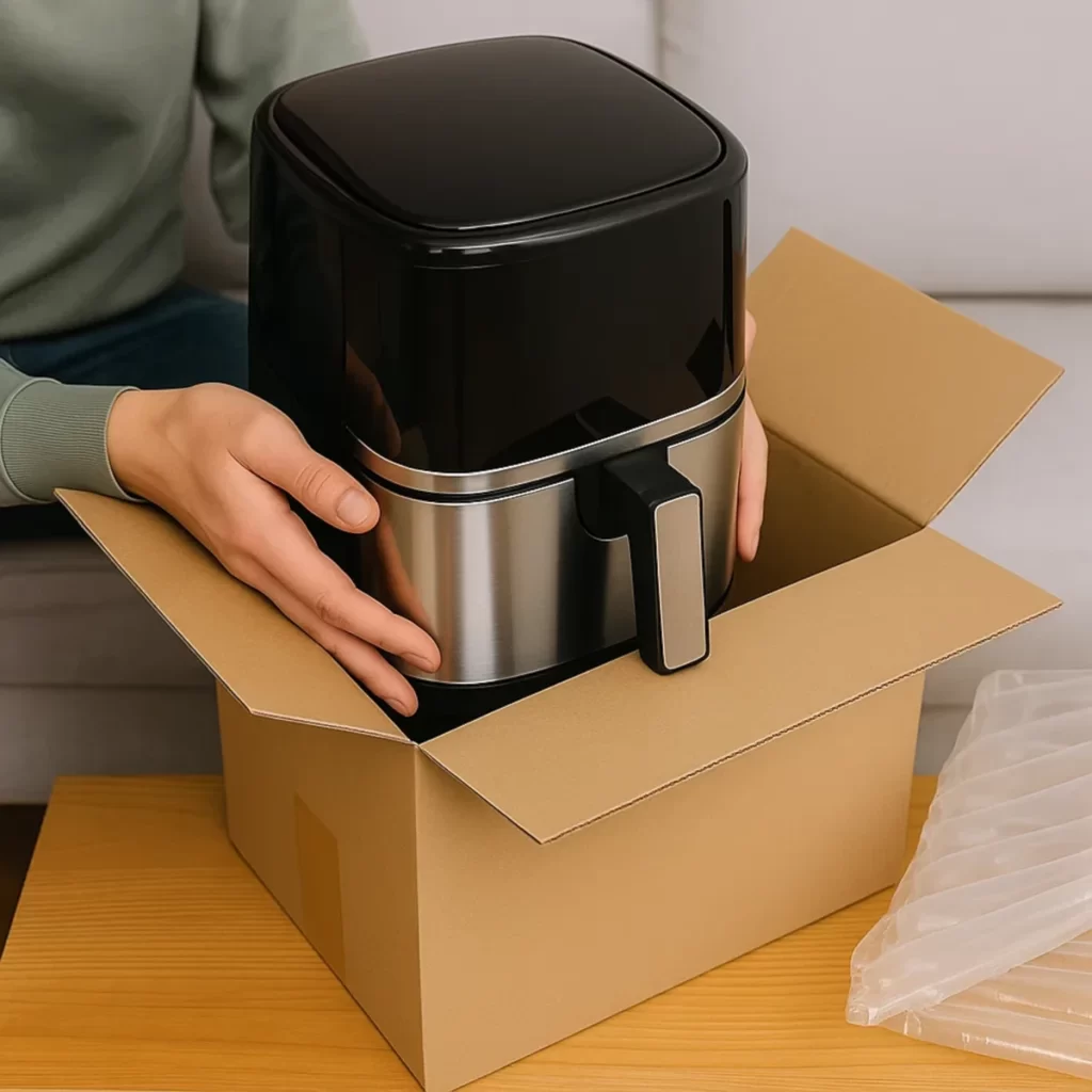 Person unboxing a new air fryer from cardboard packaging on a wooden table.