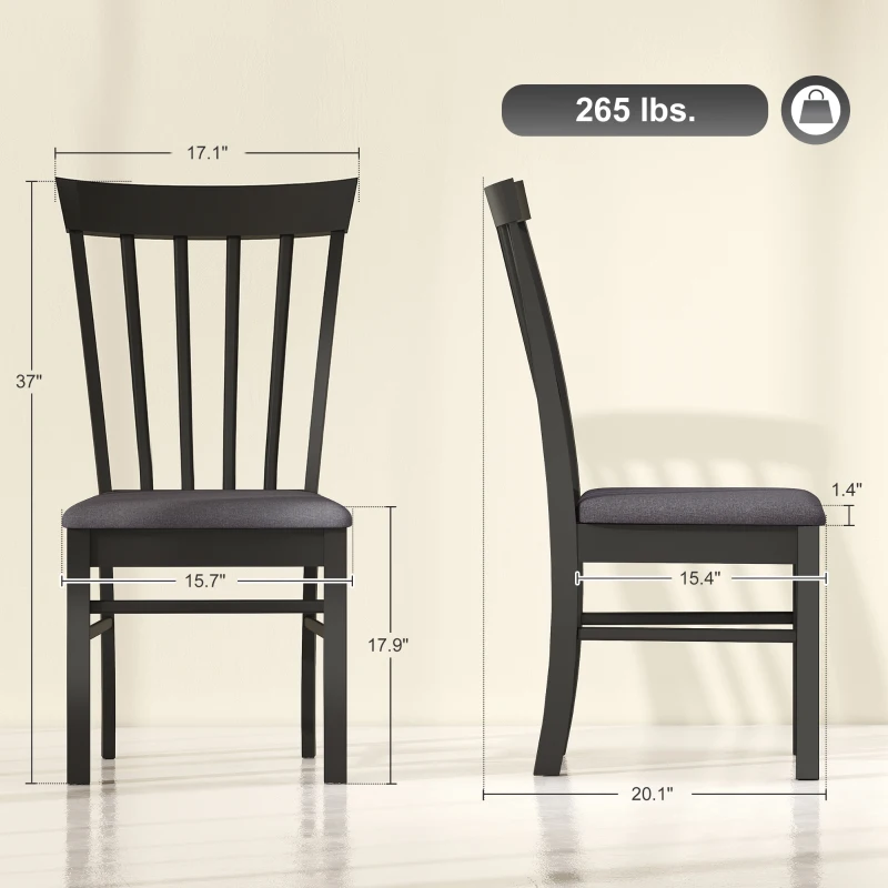 Black wooden dining chair with padded seat shown from front and side views with exact dimensions and 265 lbs weight capacity.