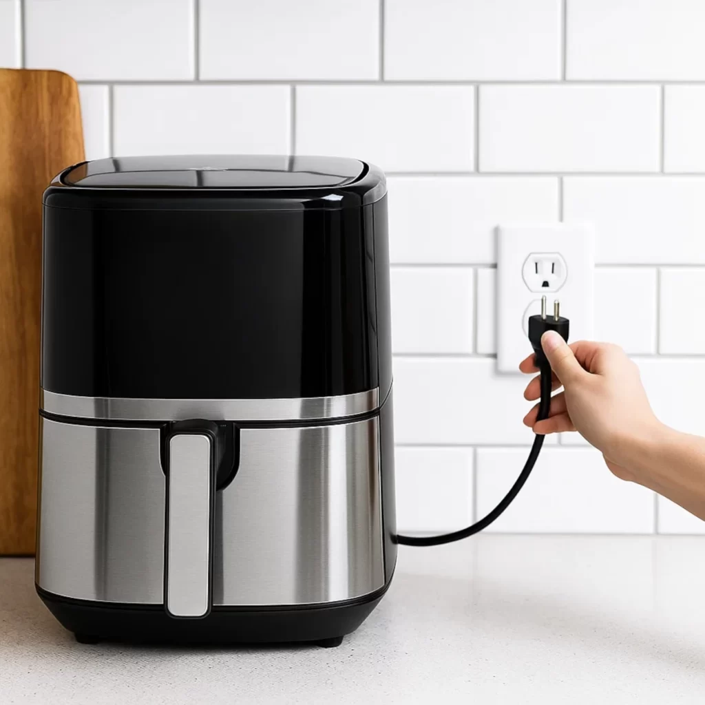 Person unplugging air fryer from wall socket before starting cleaning routine.