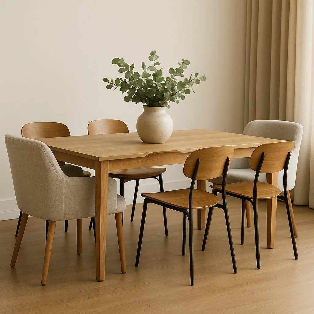 Dining table with mixed wood and fabric chairs.