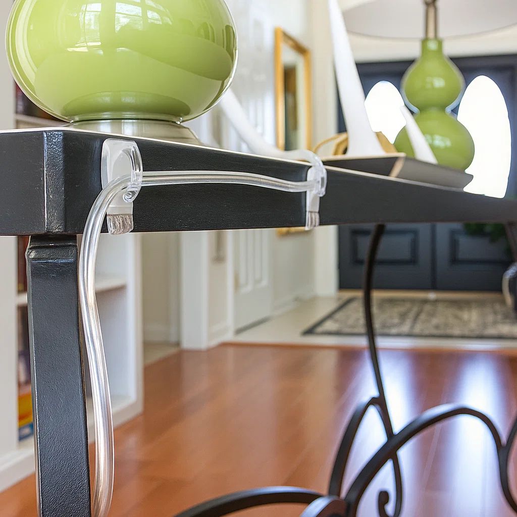 Clear command hook securing lamp cord under table