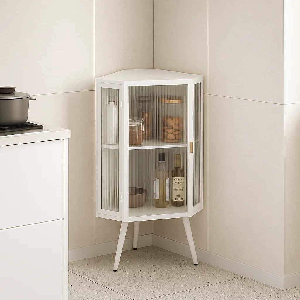 Corner cabinet storing jars, bottles, and essentials.
