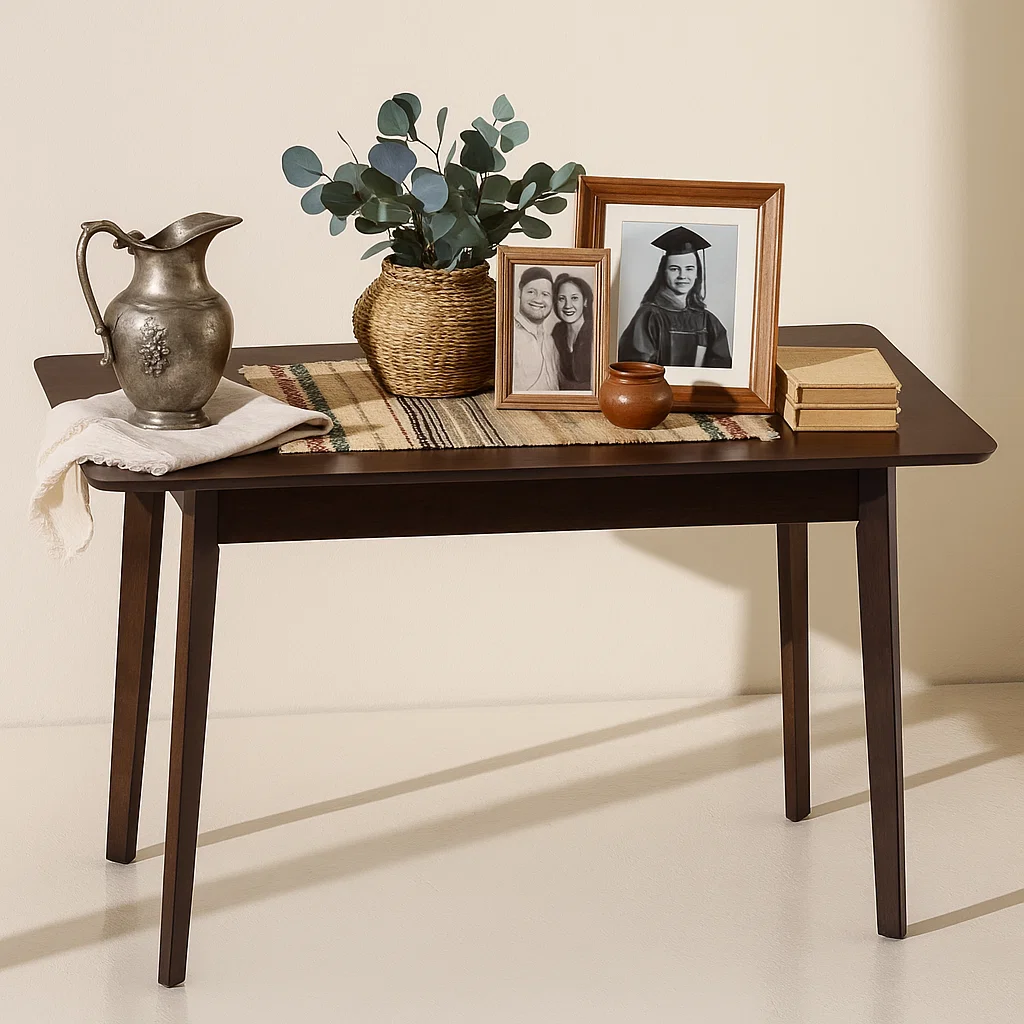 Wooden table with framed photos, pitcher, books, and greenery arrangement.