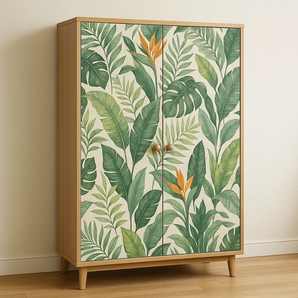 Wardrobe decorated with tropical leaf patterned wallpaper.