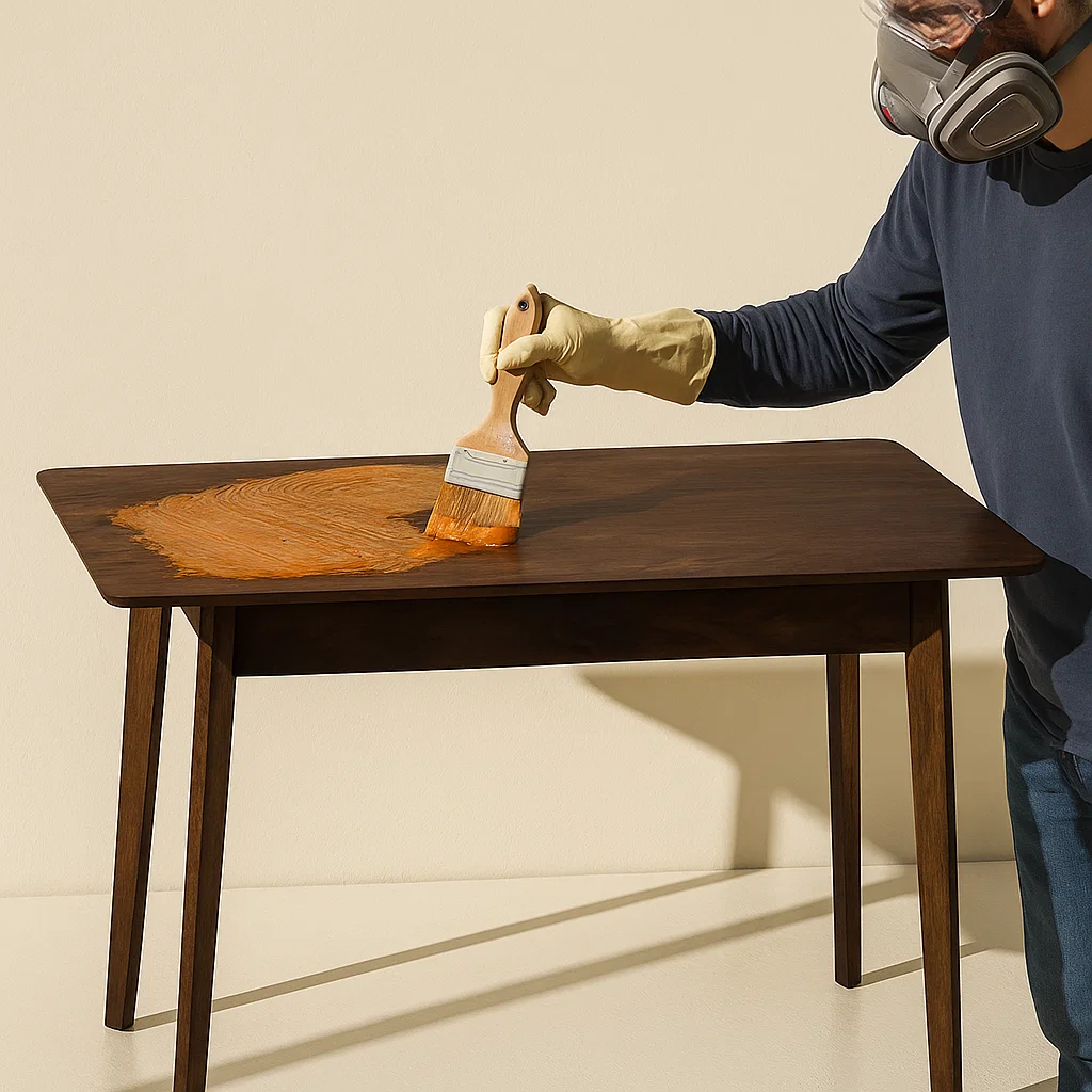 Brushing chemical stripper on dark stained wooden table