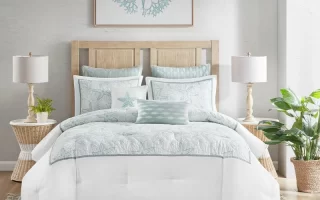 Cozy bedroom with decorative pillows and bedding.