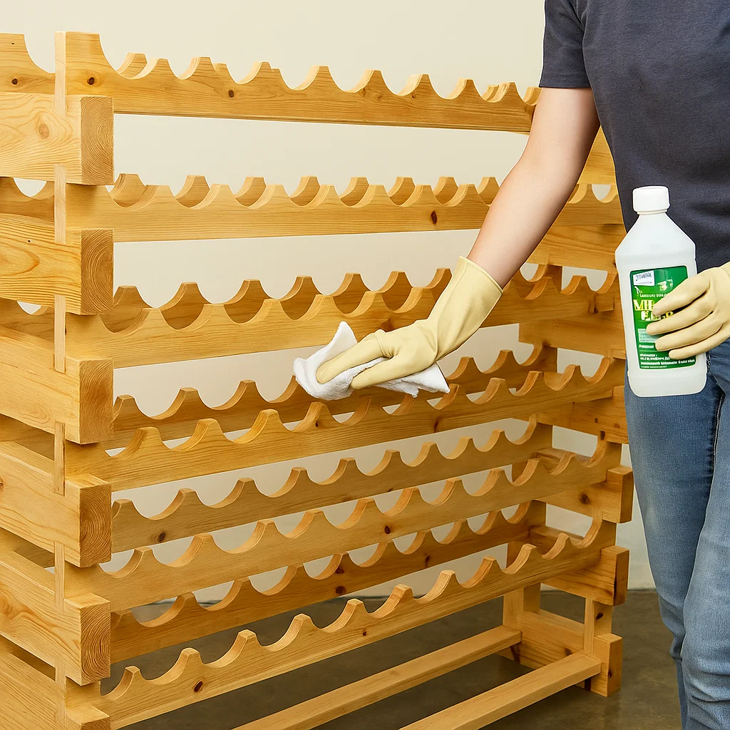 Cleaning wine rack with mineral spirits for stains.