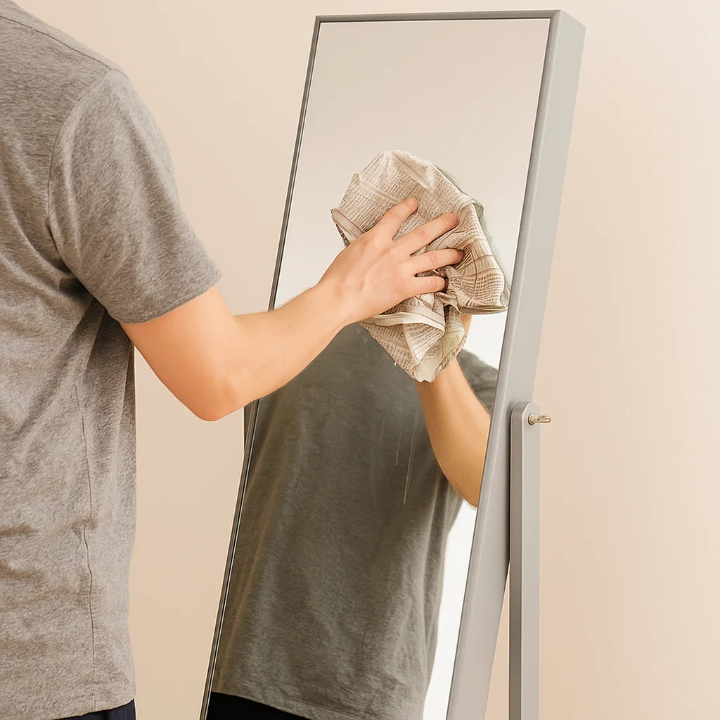 Person wiping mirror with newspaper to remove streaks and smudges.