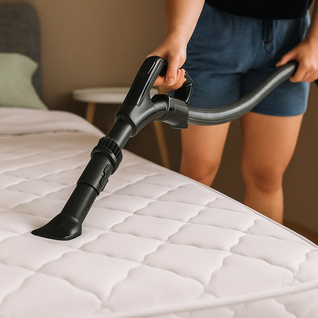 Vacuuming a mattress with a handheld vacuum cleaner
