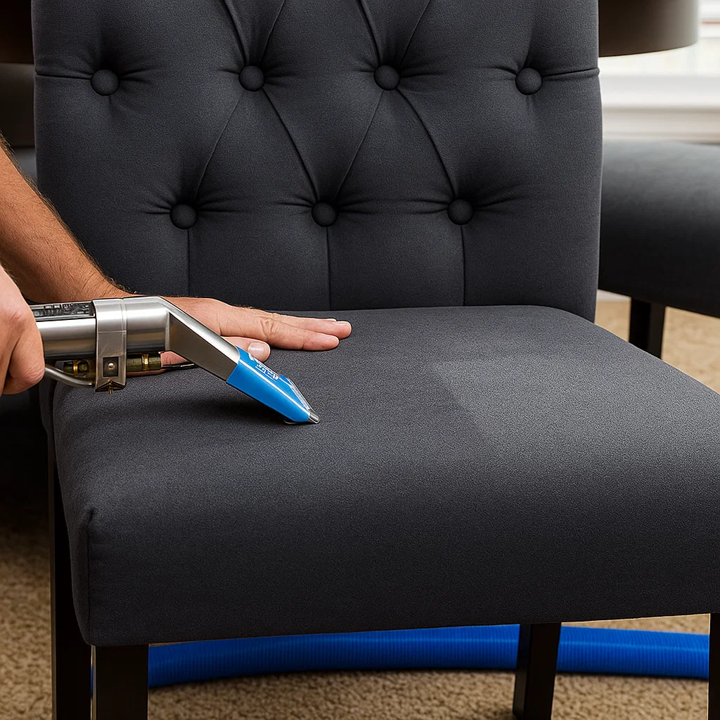 Deep cleaning dark fabric dining chair using an upholstery extractor with a blue nozzle attachment.