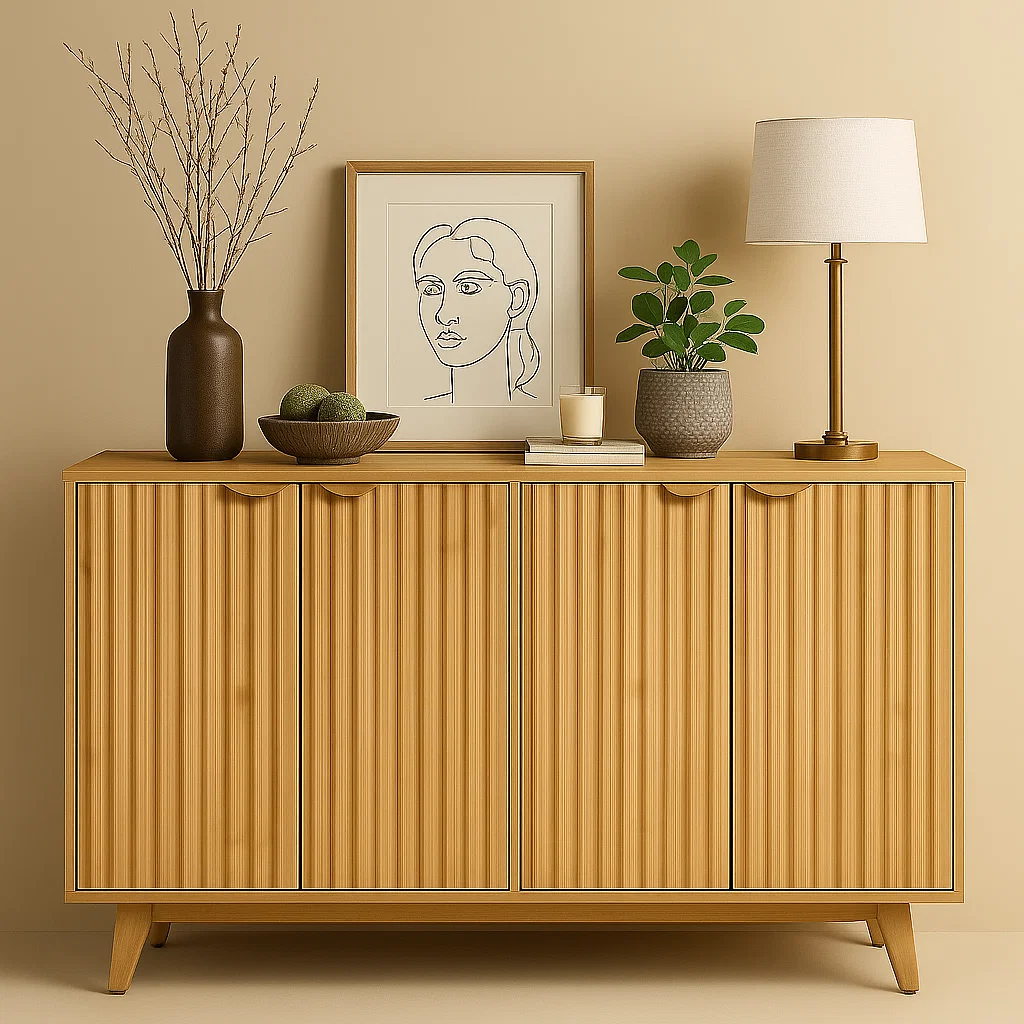 Sideboard with vases, framed sketch, lamp, and stacked books.