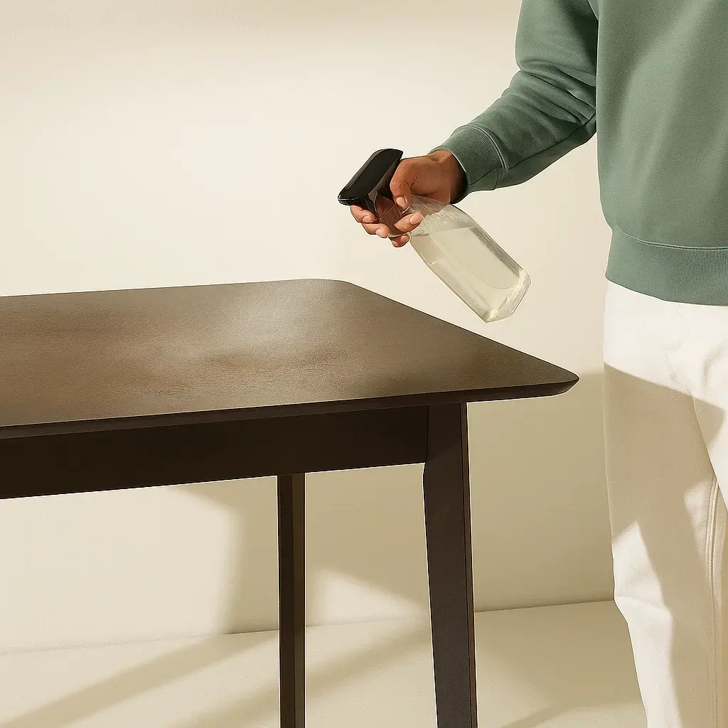 Person spraying cleaning solution onto dark wooden tabletop.