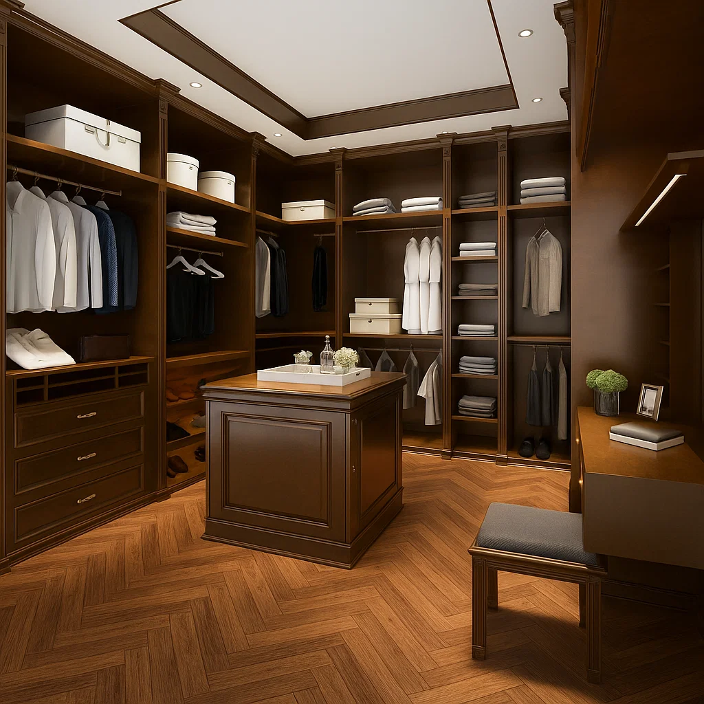 Luxury walk-in wardrobe with shelves and organization