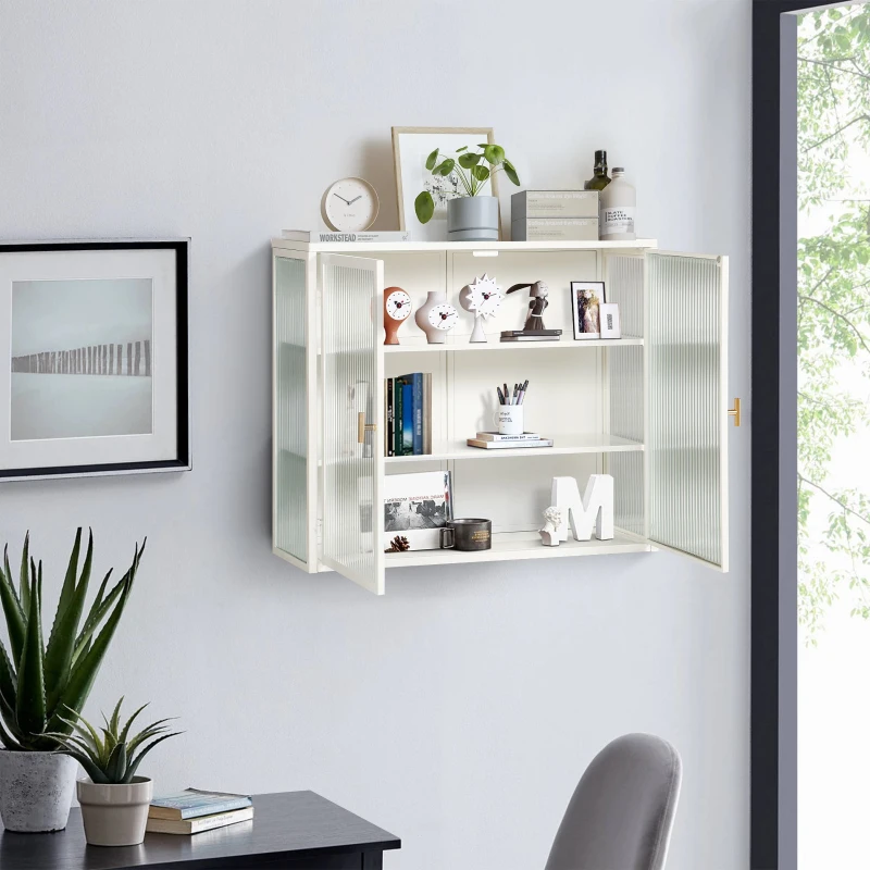 Wall-mounted storage cabinet with open shelving.