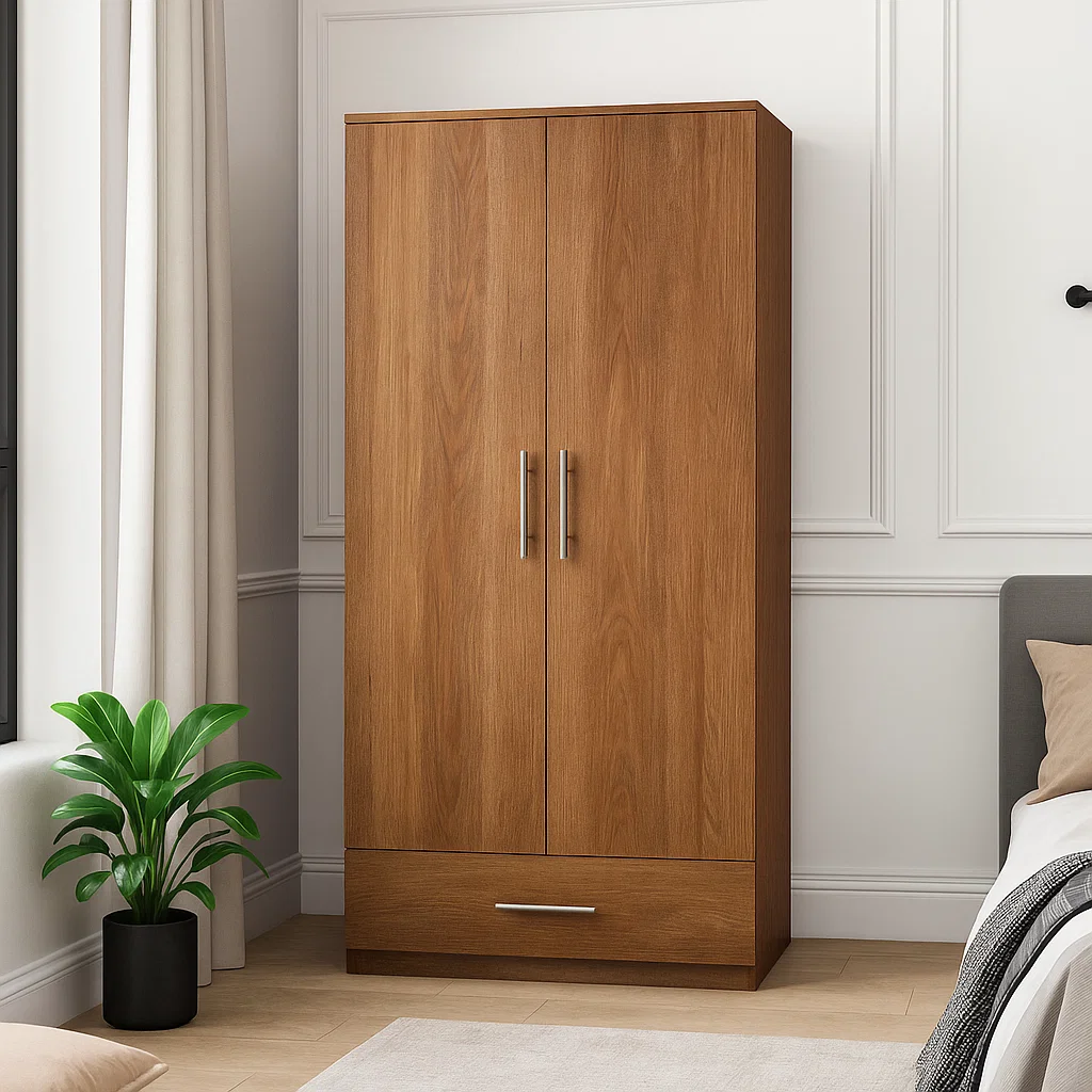 Wooden wardrobe with two tall doors and bottom drawer