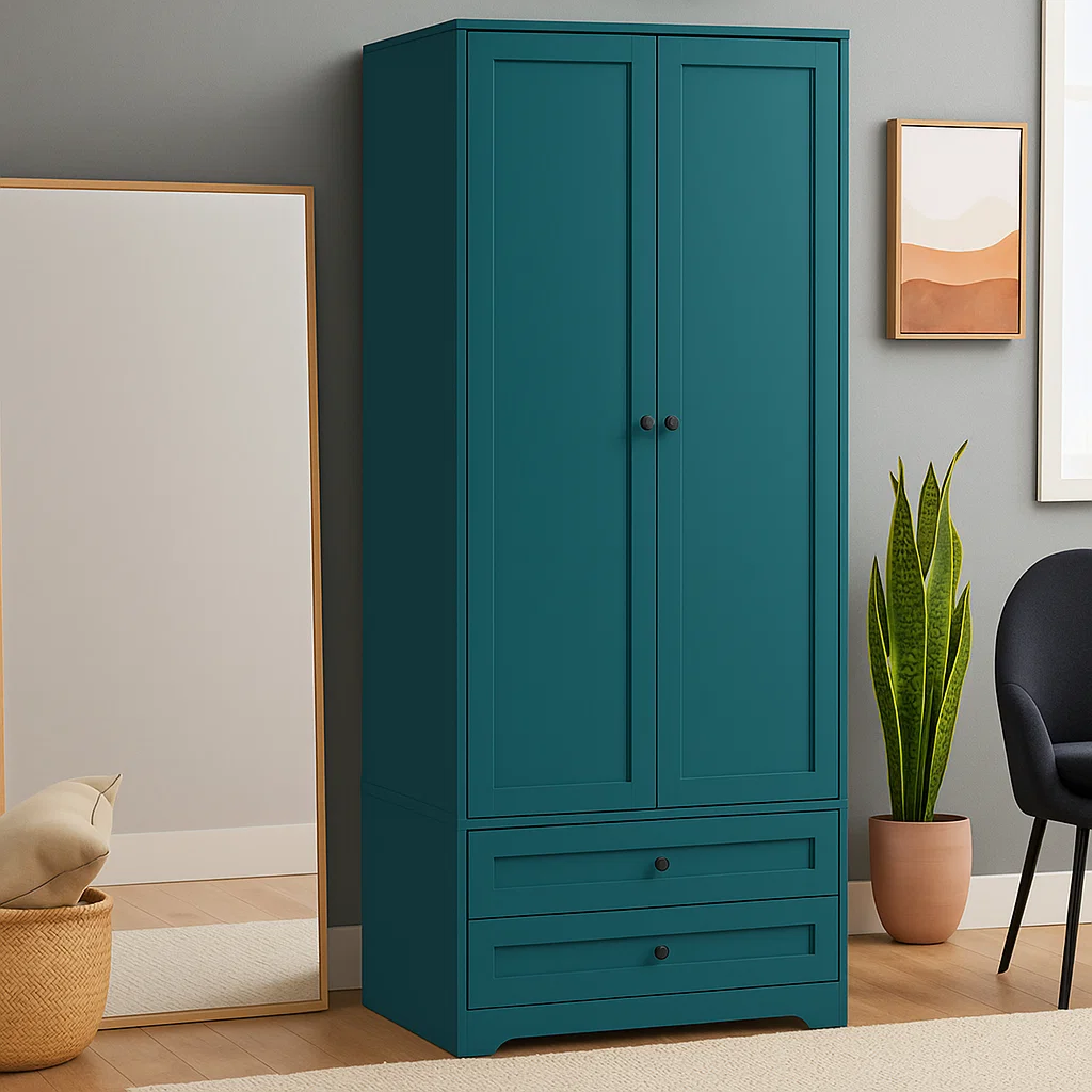 Teal wardrobe with two doors and drawers in modern bedroom