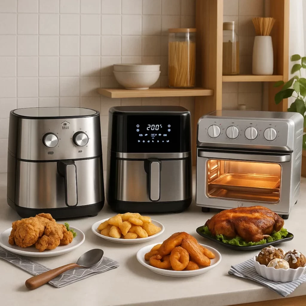 Various air fryer models on kitchen counter with cooked food.