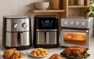 Various air fryer models on kitchen counter with cooked food.