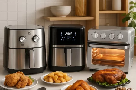 Various air fryer models on kitchen counter with cooked food.