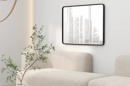 Modern square mirror in a living room.