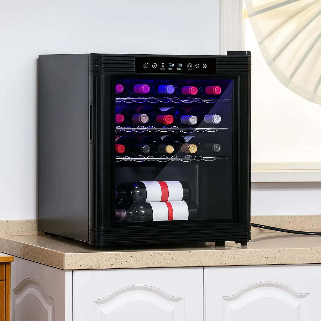 Compact black wine cooler placed on beige kitchen countertop.