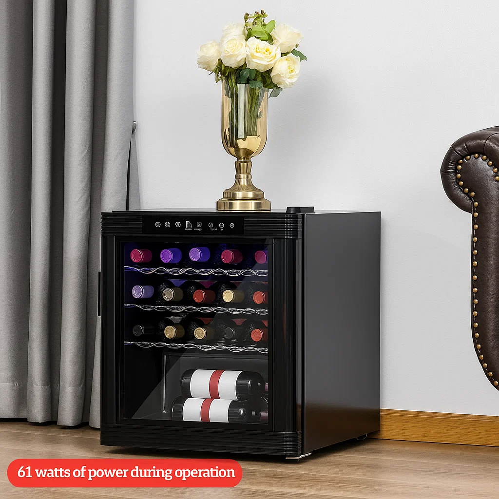 Black wine cooler with wine bottles beside grey curtains and sofa.