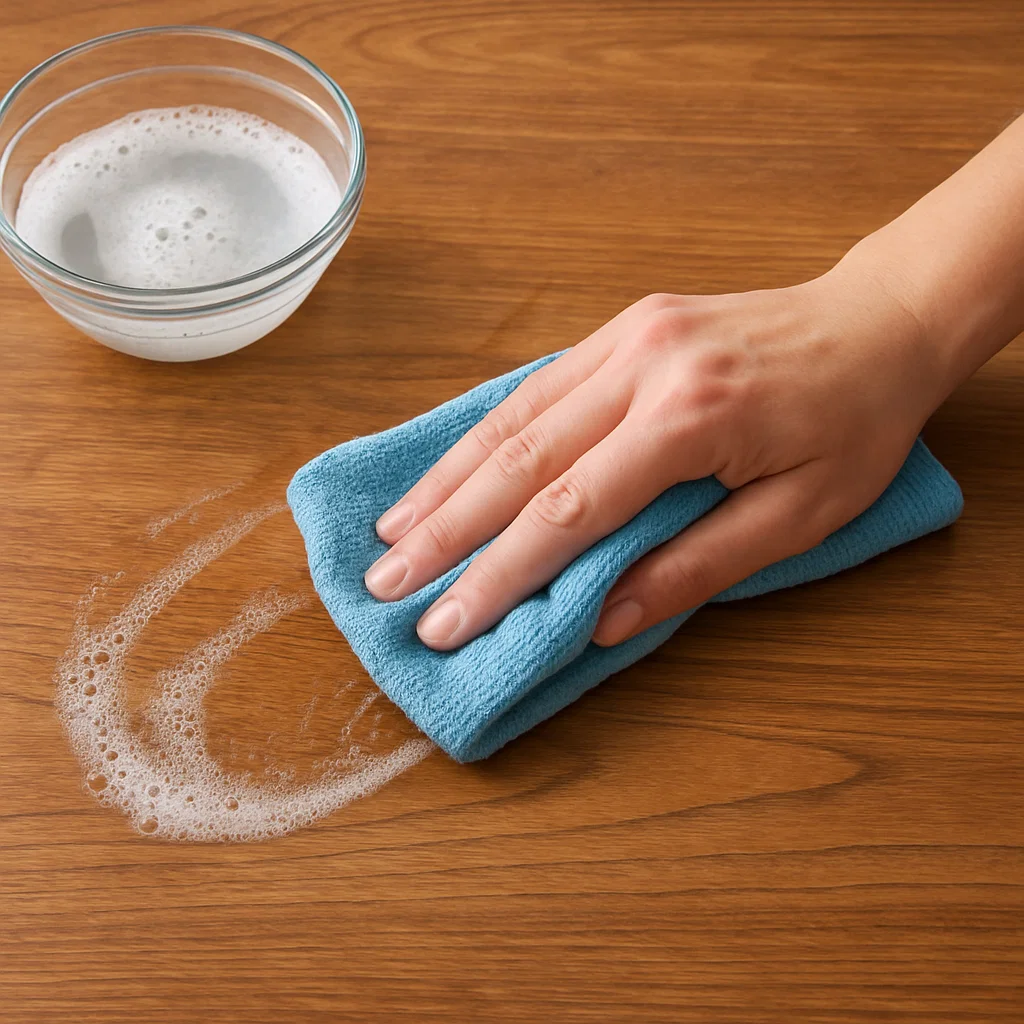 Microfiber cloth cleaning a light wood table surface with mild soapy water.