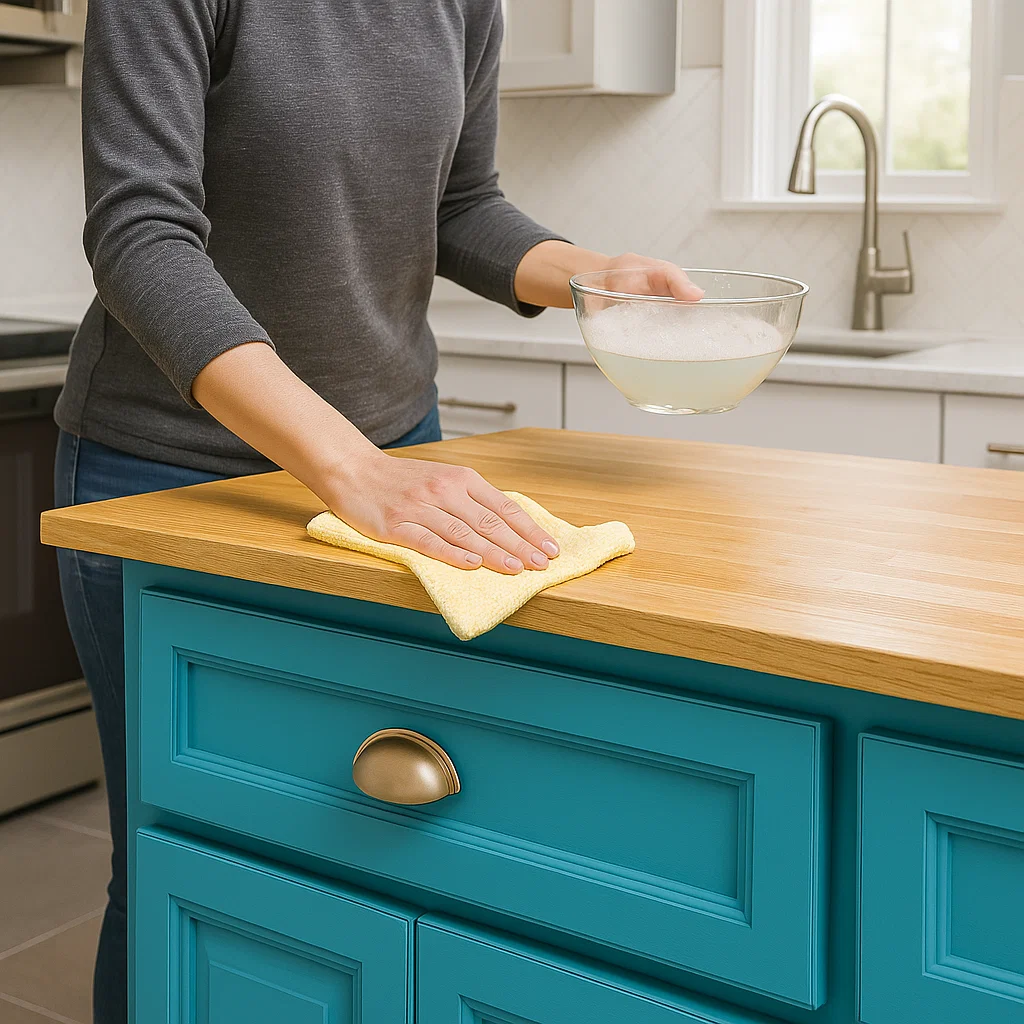 Person using yellow cloth and soapy water to clean wood top