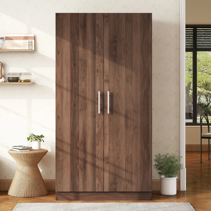 Wooden wardrobe with natural finish and metal handles.