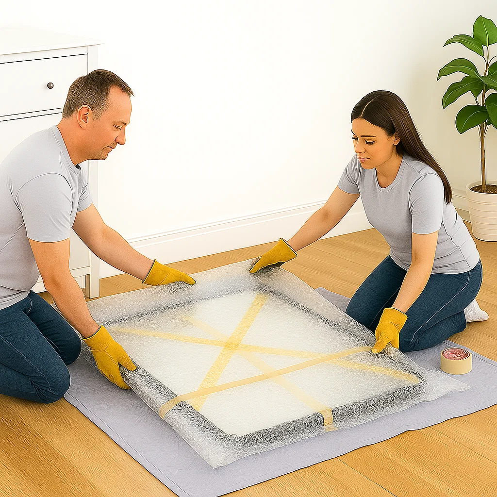 Two people securing bubble wrap around a taped rectangular mirror.