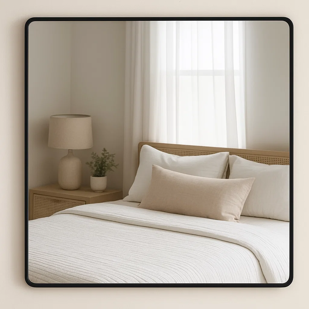 Wall mirror reflecting cozy bed with beige cushions and lamp.