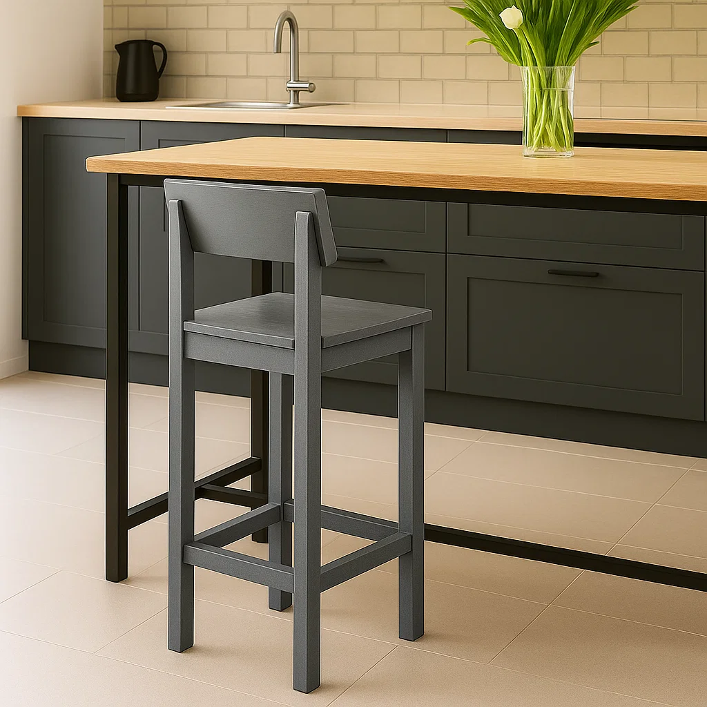 Finished dark gray wooden bar stool in a modern kitchen.