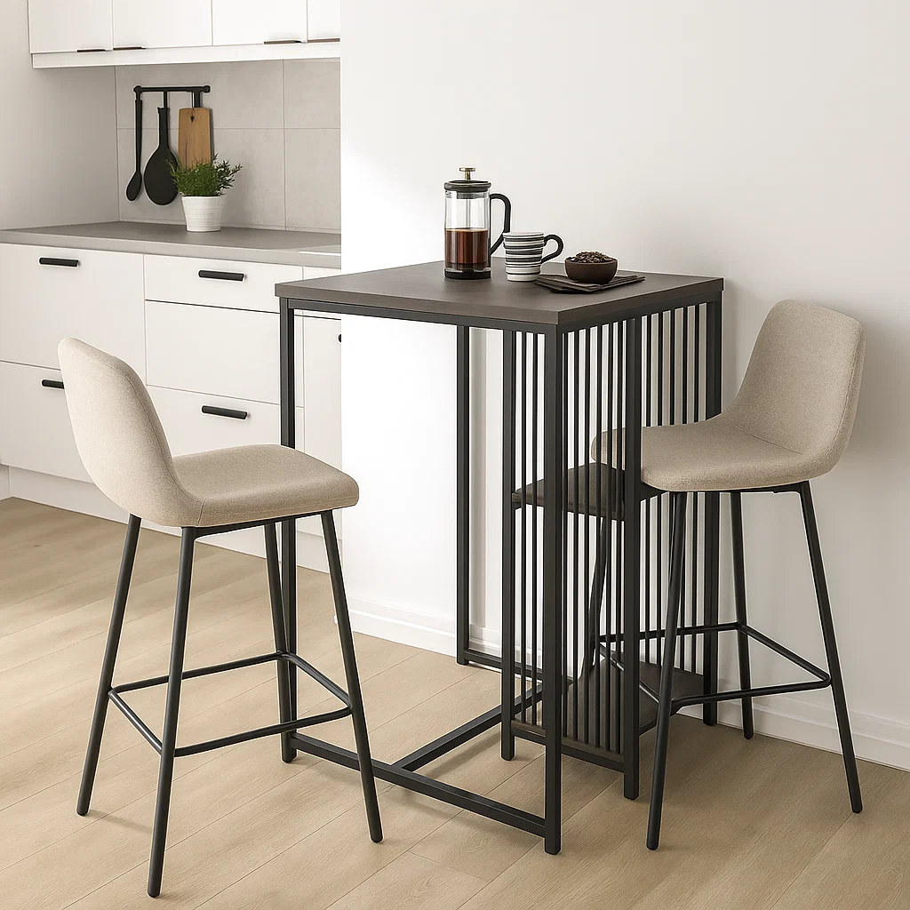 Square bar table with two beige stools in modern white kitchen.