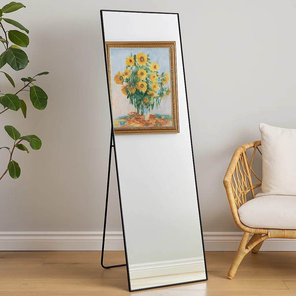 Full-length mirror beside wicker chair and sunflower painting.