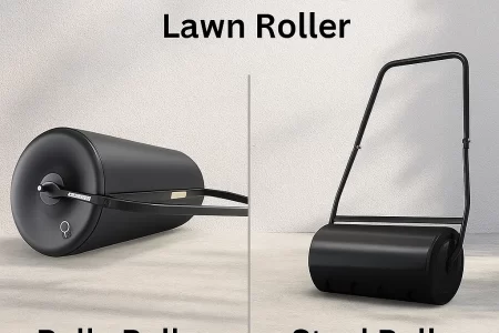 Side-by-side comparison of black poly lawn roller and steel lawn roller.