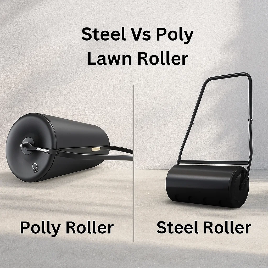 Side-by-side comparison of black poly lawn roller and steel lawn roller.