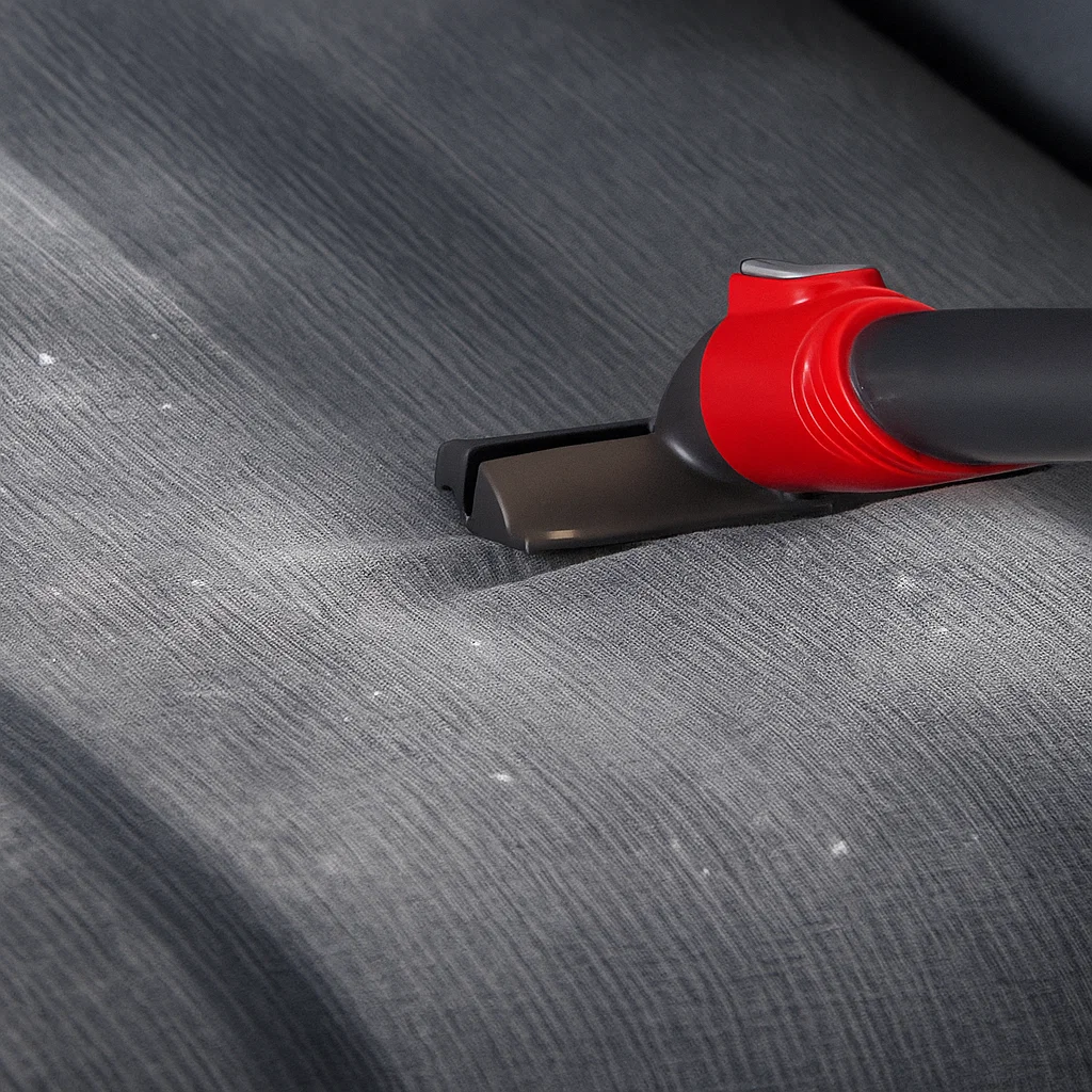 Close-up of vacuum cleaner lifting debris from grey fabric dining chair surface with narrow attachment.