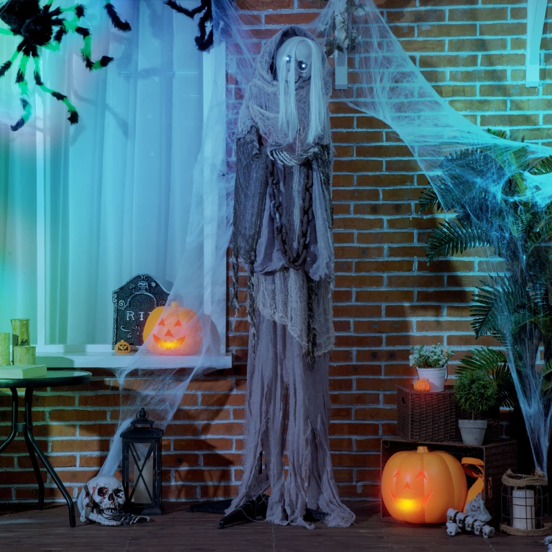 Outdoor Halloween display with ghost, skeleton, bat, and lights secured safely for damage-free setup.
