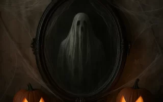 Haunted mirror ghost reflection with carved glowing pumpkins.