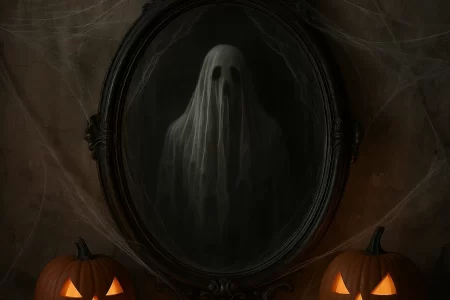 Haunted mirror ghost reflection with carved glowing pumpkins.