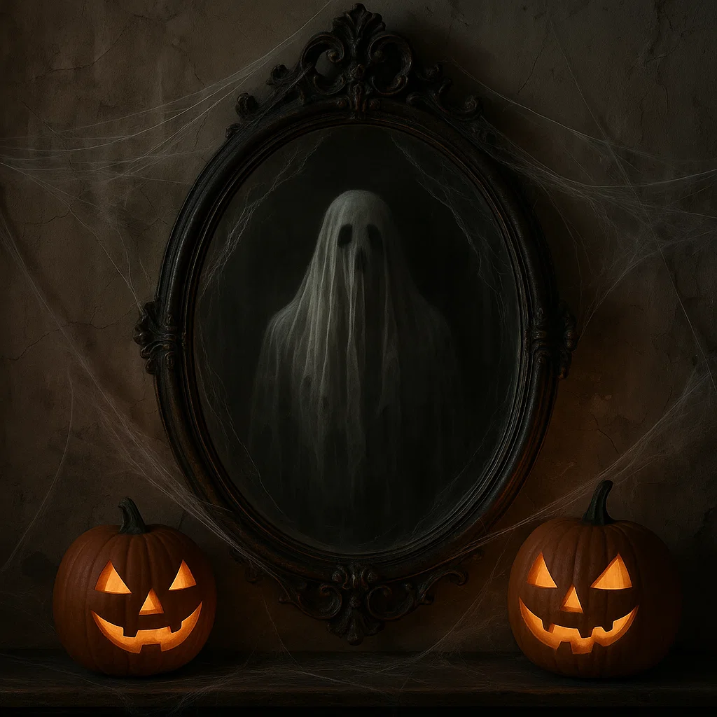 Haunted mirror ghost reflection with carved glowing pumpkins.

