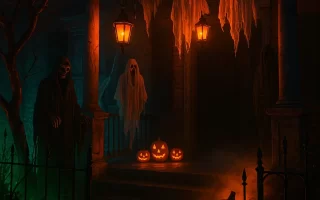 Front porch with jack-o’-lanterns and glowing ghost decorations