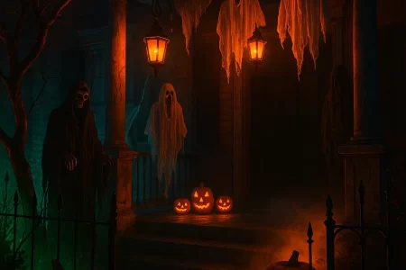 Front porch with jack-o’-lanterns and glowing ghost decorations
