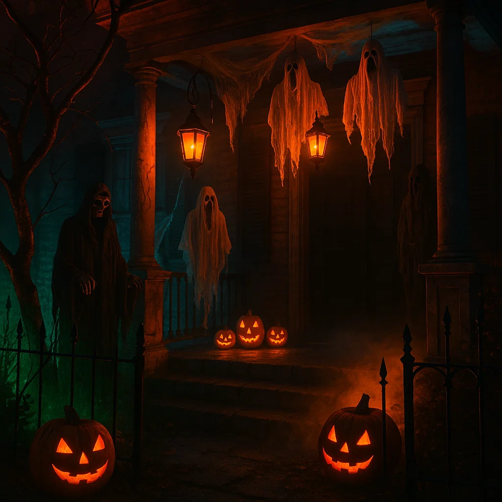 Front porch with jack-o’-lanterns and glowing ghost decorations