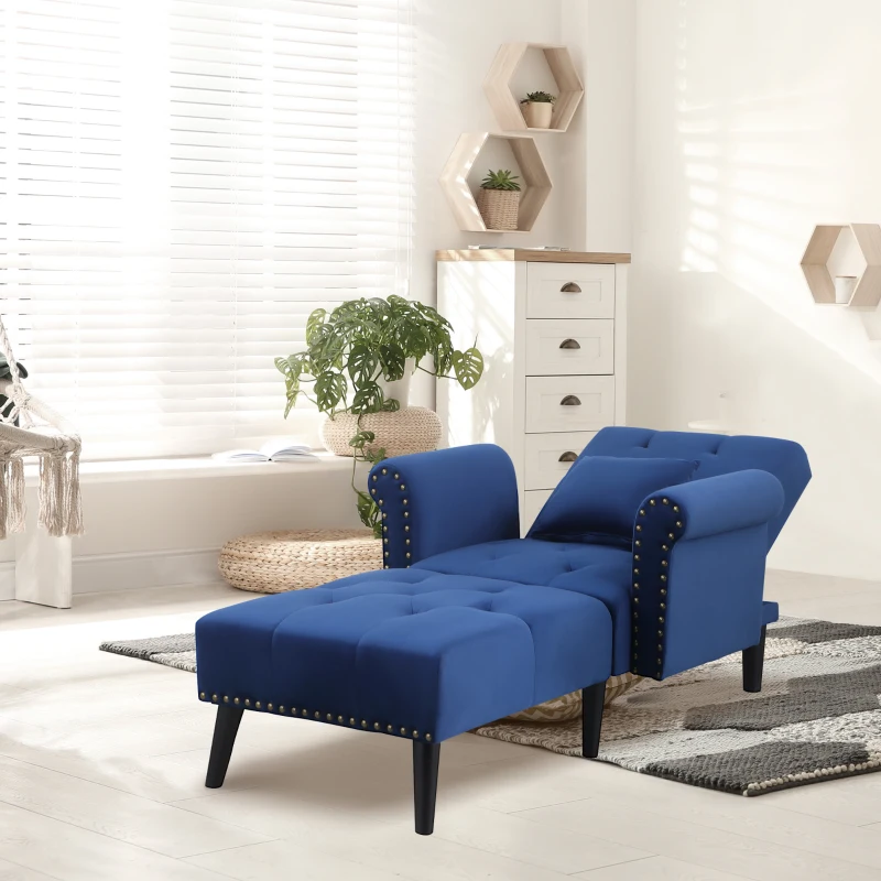 Blue tufted chaise lounge sofa bed with studded arms